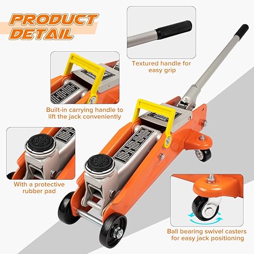 Miniatura 4 de Donext Gato de piso de 2 toneladas, gato hidráulico de piso de carreras de perfil bajo, liberación lenta, construcción de acero resistente, rango de