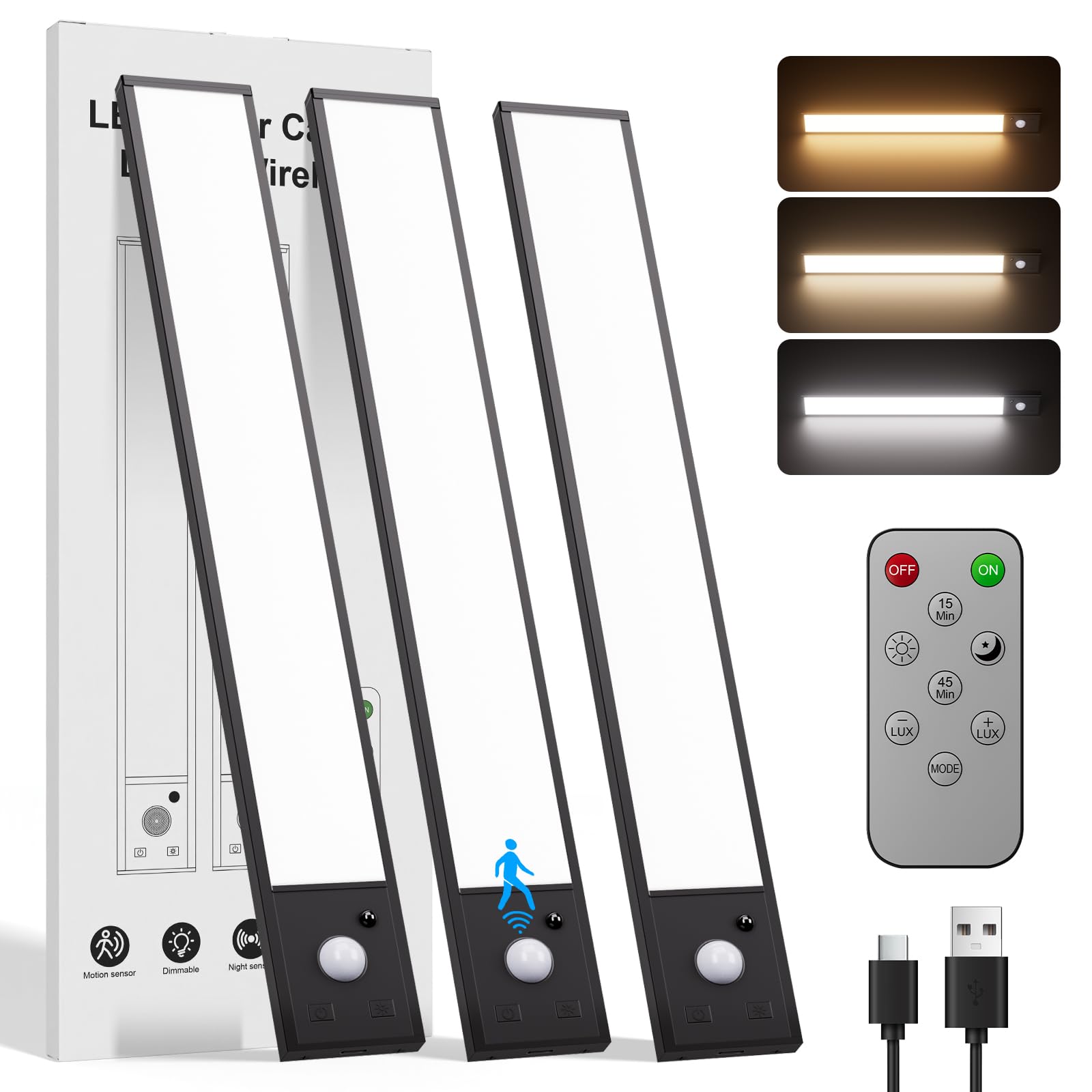 Tnight 3 Pack Unterbauleuchte Küche LED mit Bewegungsmelder,Dimmbar Schrankbeleuchtung Lampe Küche Licht Aufladbar mit USB C,Schranklicht Lichtleiste Kabellos,Vitrinenbeleuchtung Magnetische-32cm