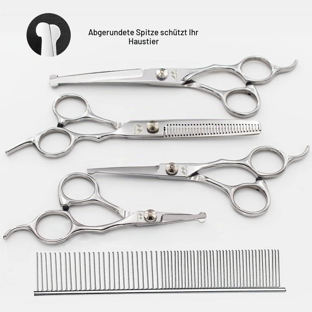 Hundeschere mit Rundspitze, 5 in 1 Hundescheren Set, Edelstahl Katze Fellpflege Schere, Hunde Scheren Set für Ganzkörper, Gesicht, Nase, und Ohr