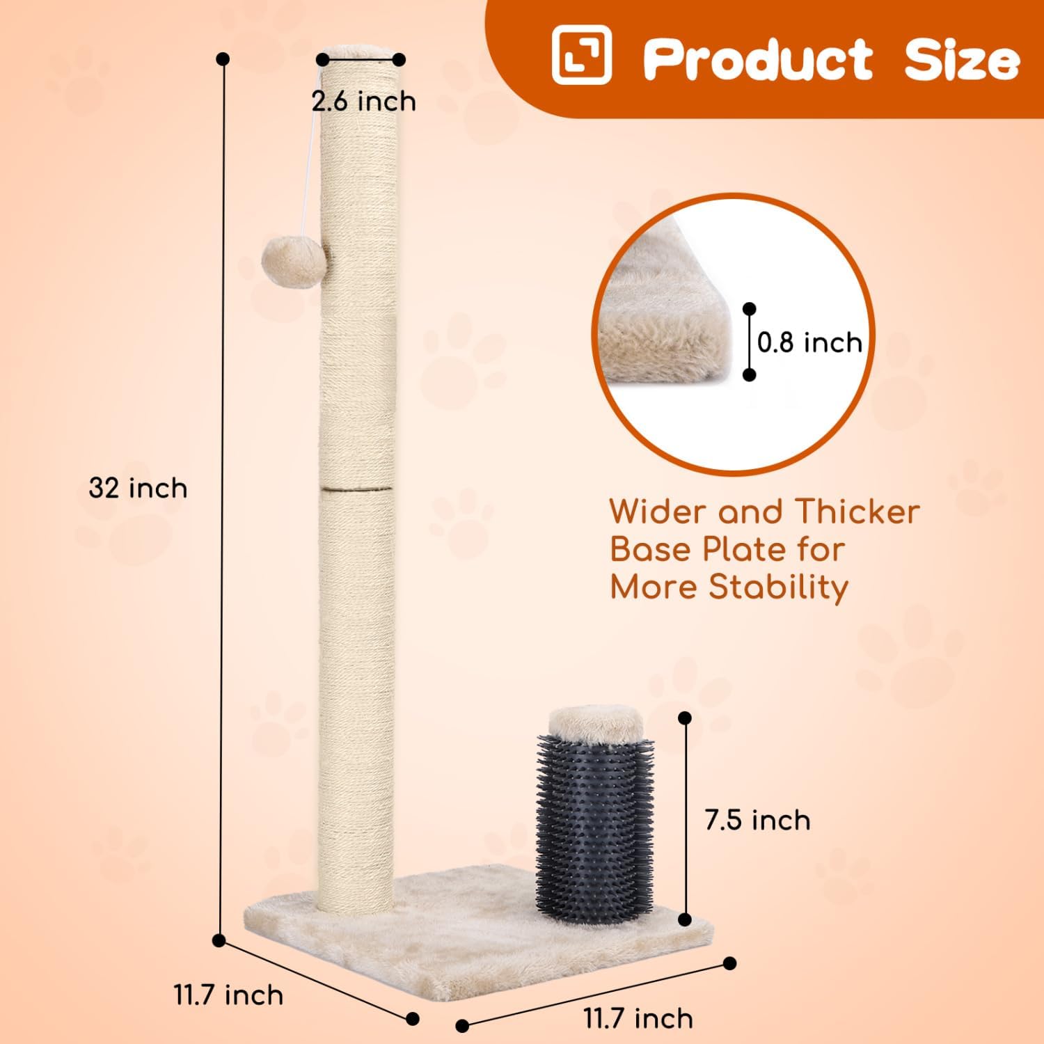 review Nobleza 32” Tall Cat Scratch Post with Self Massage Brush, Natural Sisal Rope Cat Scratching Post for Indoor Cats, Stable Cat Scratcher Posts for Kittens Large Cats with Dangling Ball, Light Brown