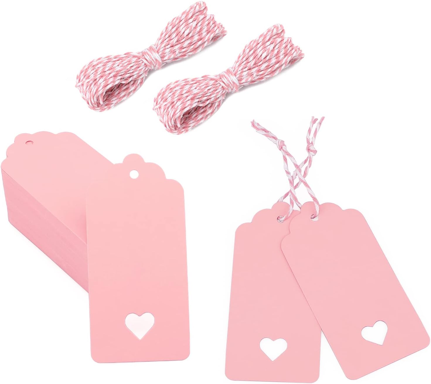Pink Kraft Paper Gift Tags - 100PCS, 4cm x 9cm Lovely Hollow Heart Wedding Favor Name Cards With 20M Red White Cotton String for Luggage and DIY