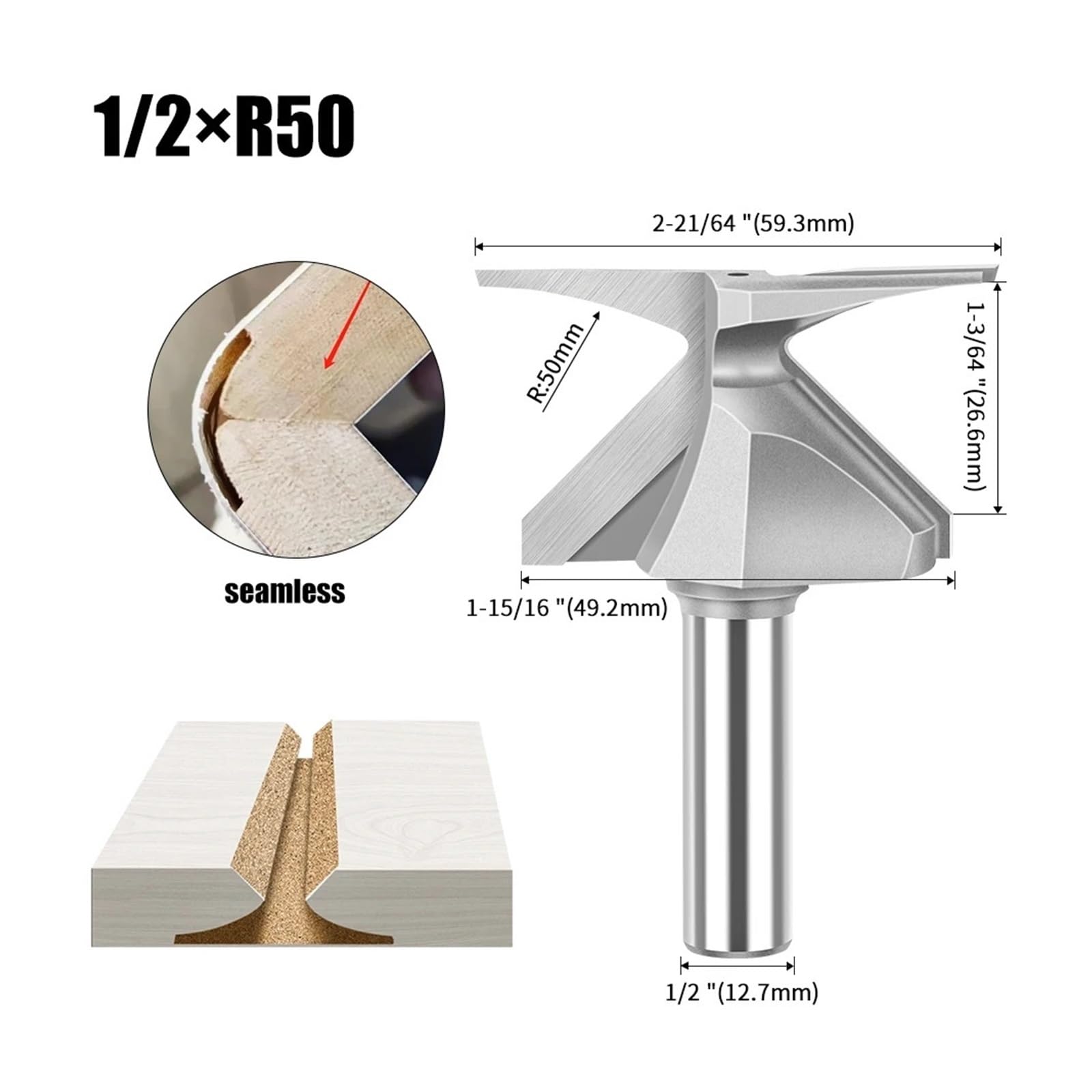 Vástago de 1/2 pulgadas, vástago de 12mm, puerta de madera y gabinete de pared, cuchillo doblador de arco R18 R30, brocas de enrutador de proceso de ablandamiento sin relleno, 1 ud.(12.7x59.3xR50mm)