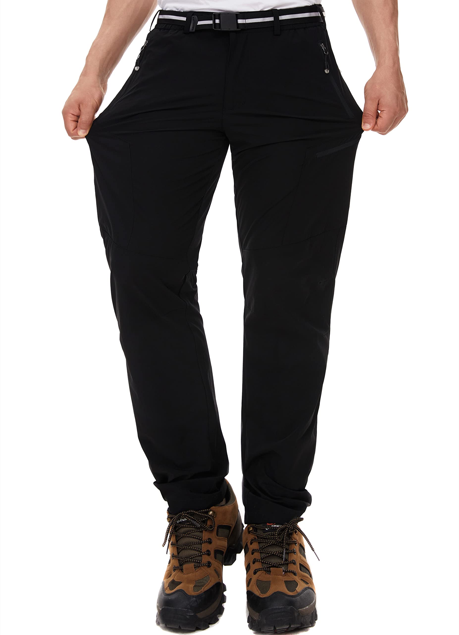NATUVENIXMens Water Resistant Outdoor Hiking Pants, Quick Dry Lightweight Climbing Pants, Stretch Travel Cargo Trousers, Classic Black (Belt Included), 34W x 31L