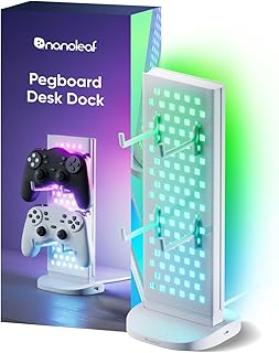 Nanoleaf Pegboard Schreibtisch Dock Weiß, 3 in 1 RGBIC Tischlampe mit Controller/Kopfhörer Halter, Doppelseitige Lichteffekte, USB-C Dock, Musik & Screen Sync über Desktop App,Gaming Ambiente