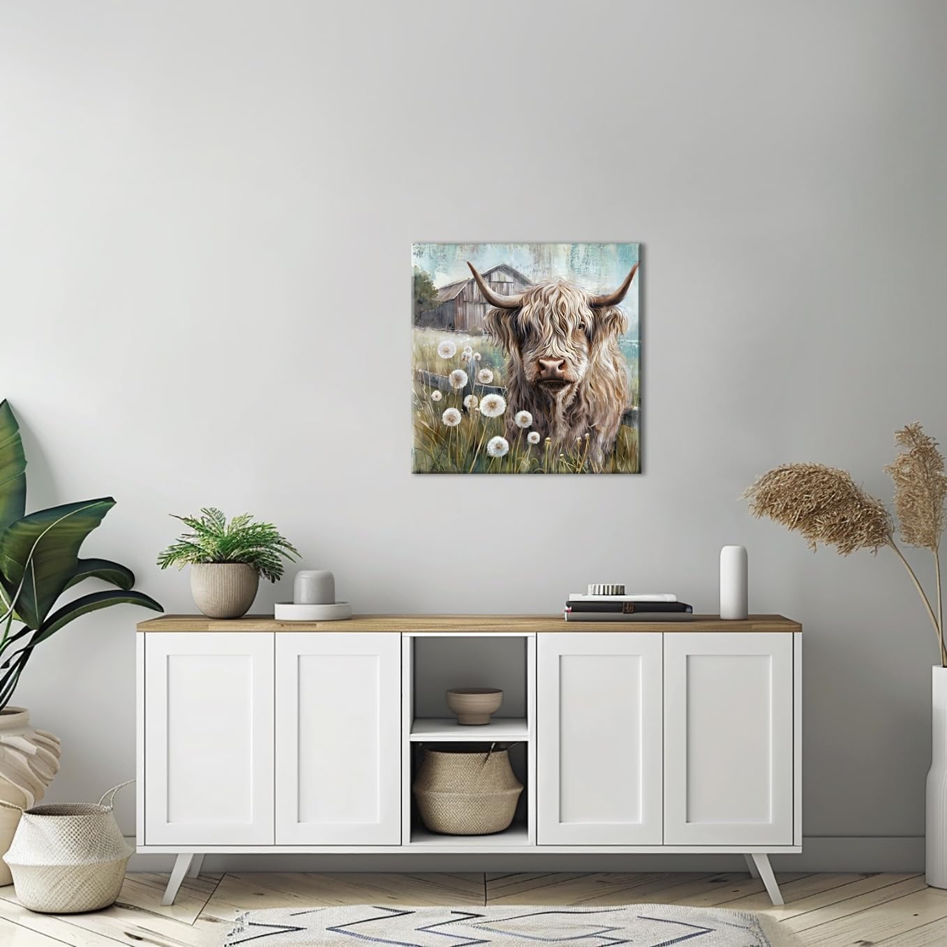 YUEYARIT Farmhouse Highland Cow Wall Decor in Neutral colour: Rustic Cow and Dandelion picture Canvas Art Print, Gift for Bathroom or Kitchen, Ideal Animal Artwork for Living Room