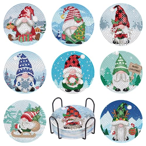JOPHMO 8PCS Christmas Diamond Art Painting Coasters DIY Christmas Gnome Coasters Diamond Kits with Iron Holder Xmas Winter 5D Diamond Art Kits for Adults Beginners Diamond Art Craft Supplies
