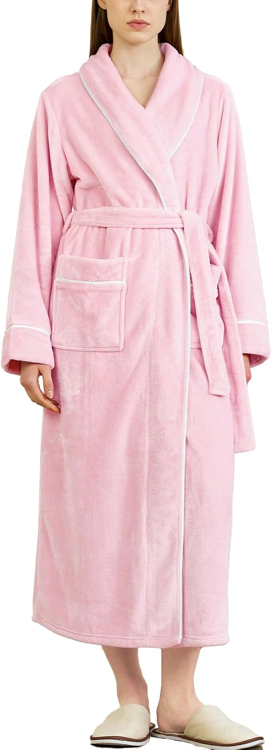 Flygo Long Robes for Women Plush Fleece Bathrobes Warm Winter Flannel Fluffy Bath Robe Sleepwear Housecoat Full Length