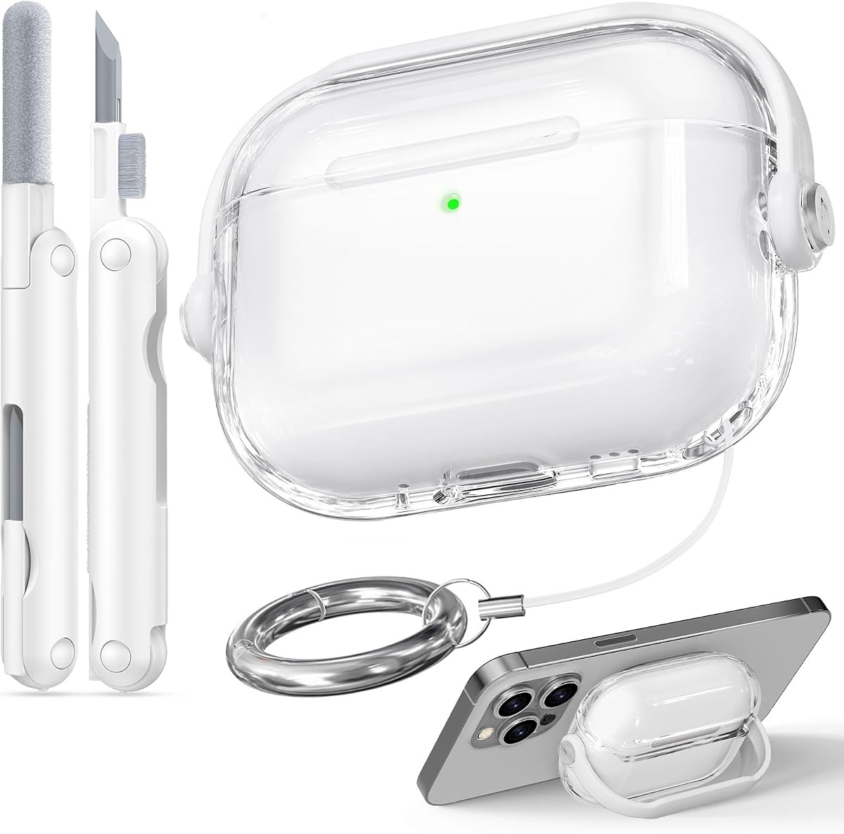 Case for Apple Airpods Pro 3 (Clear+White) | with Safety Lock, Phone Holder Function, High-Transparency TPU Material, with Portable Hook, Multifunctional Cleaning Tool