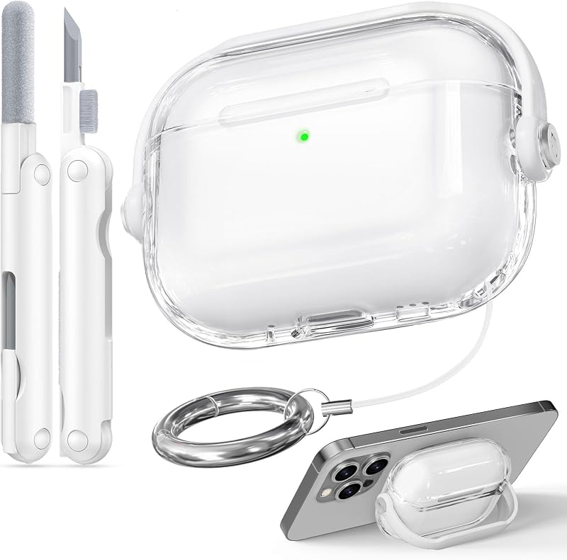 Case for Apple Airpods Pro 3 (Clear+White) | with Safety Lock, Phone Holder Function, High-Transparency TPU Material, with Portable Hook, Multifunctional Cleaning Tool