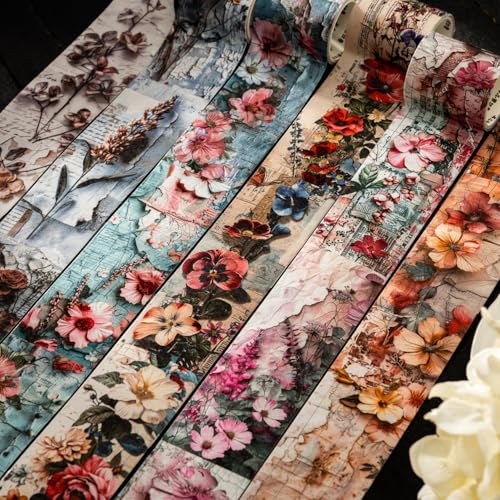 Alideco 6個 マスキングテープ かわいいロレトロ花のコラージュ 和紙粘着 テープ 広幅 DIY おしゃれ マステ シール (qihuamanying)
