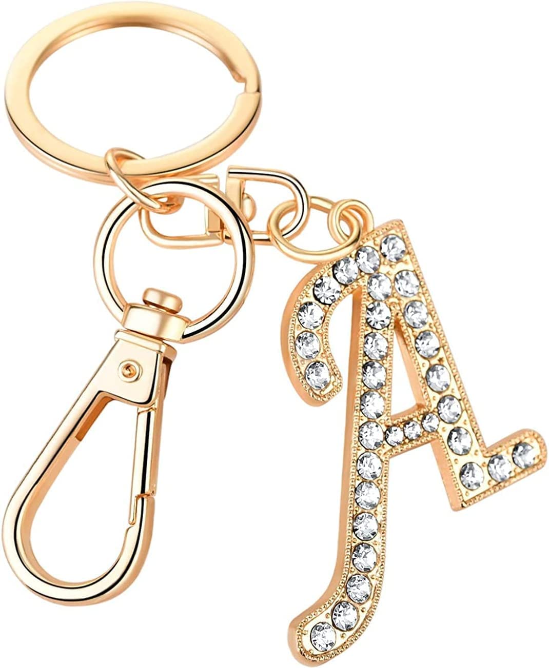 Rohans Womens Gold Plated Alloy Car Key Ring with Crystal Rhinestone Alphabet Initial Letter Keychain (A)