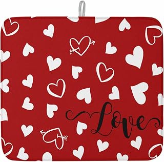 Kitchen Drying Mat for Counter Valentine's Day Red Love Arrows Absorbent Dish Mats Foldable Microfiber Drainer Pad Romantic Heart Seamless Plate Holder Mat for Countertop Sink Decor - 1PCS