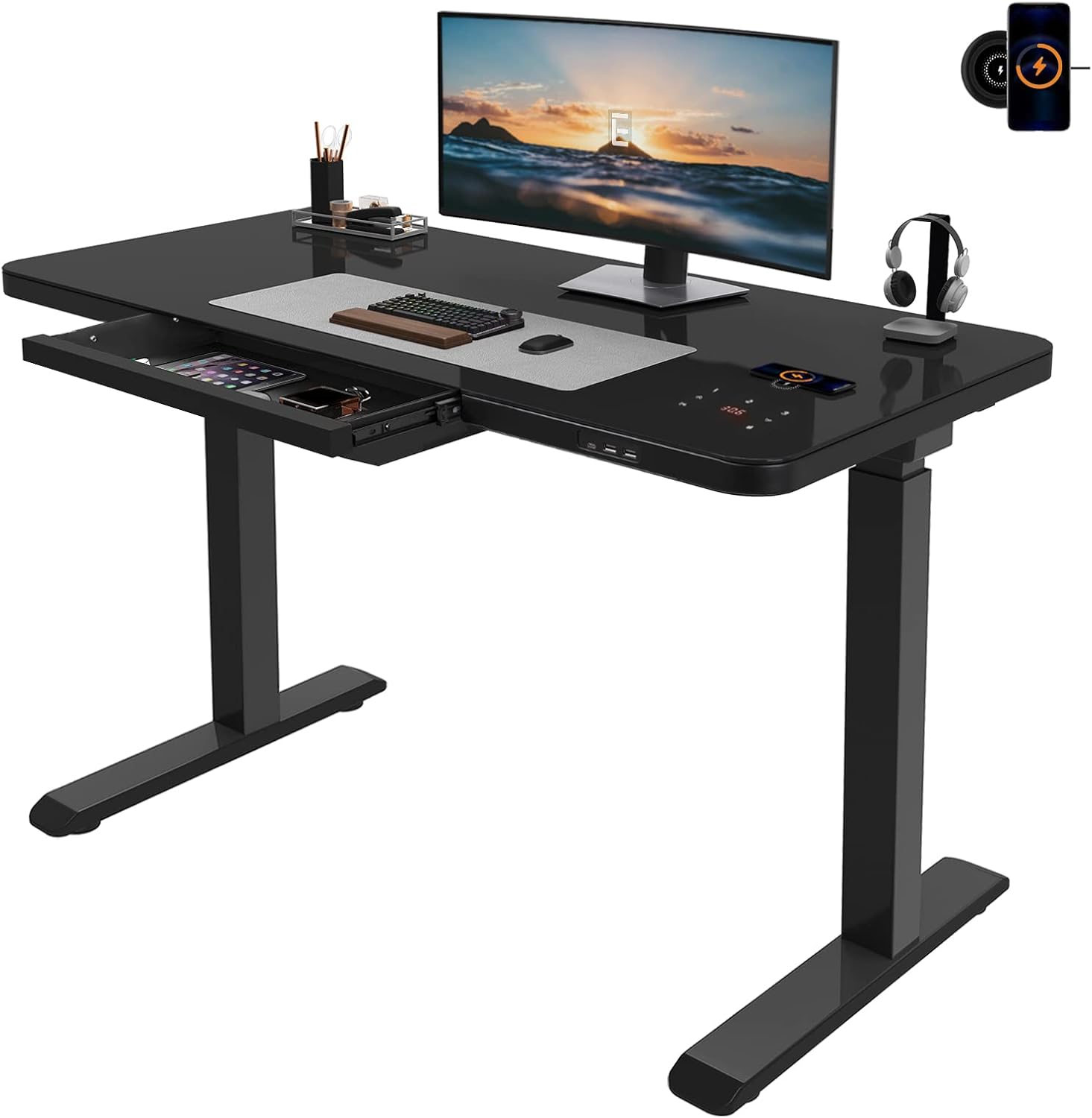 ERGOMORE Dual Motor Glass Standing Desk with Drawers, 45x23