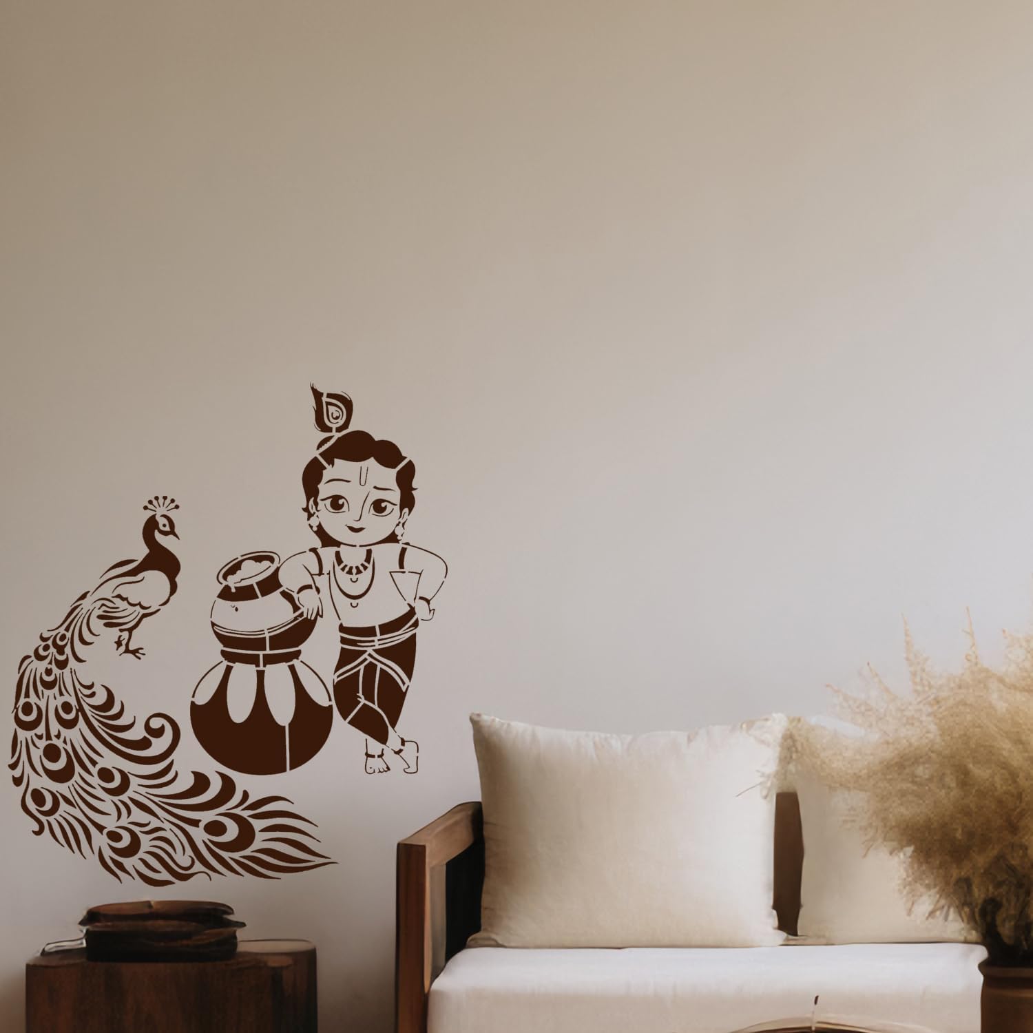 ARandNJ Theme- Peacock Bird & Natkhat Krishna Print DIY Reusable Design Ideal for Kids Room, Entrance, Bedroom Decoration Modern Pattern Home Wall Stencil (Pack of 2, Stencils for Wall Painting)