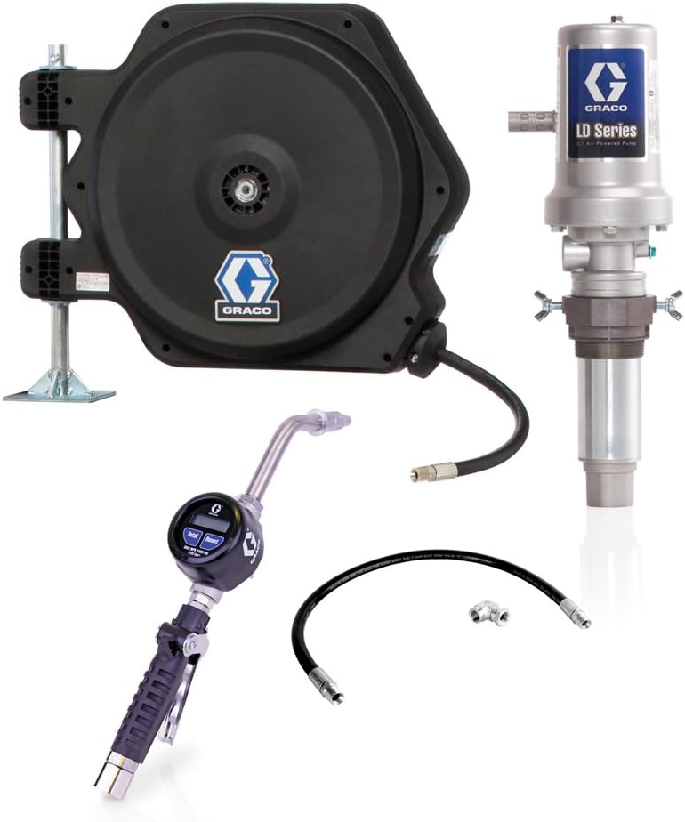 Graco Lubrication Equipment 24J776 LD Series AirPowered 3:1 Oil Pump Tank, Package with Hose Reel, Electronic Dispense Meter, Inlet Kit and Mounting Bracket