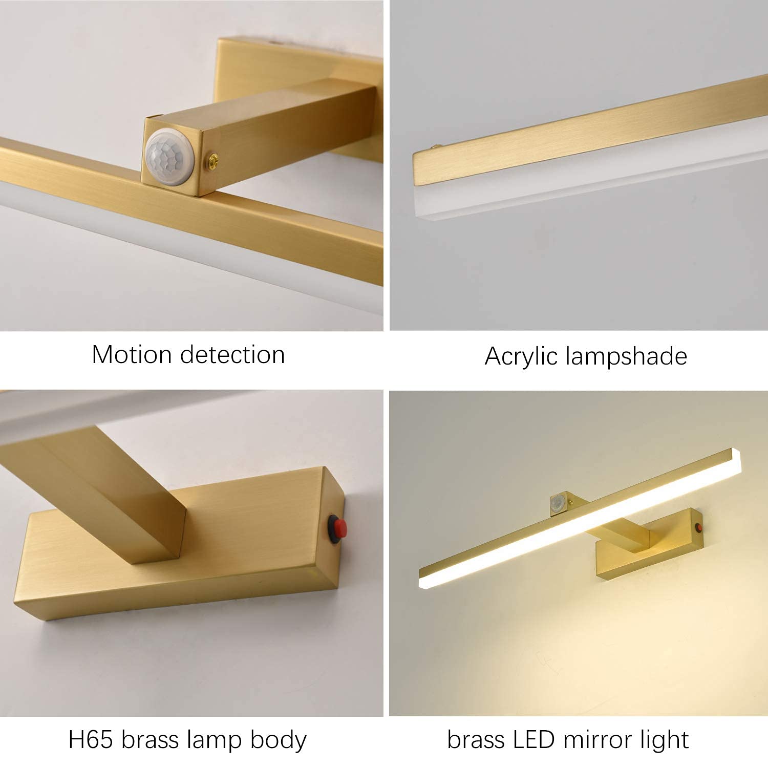 Światło na lustro łazienkowe z przełącznikiem LED Mosiężna lampa na lustro do wanny z czujnikiem ruchu Kolor mosiądzu 4000K Światło do makijażu Toaletka Kinkiet IP44 Wodoodporne oświetlenie