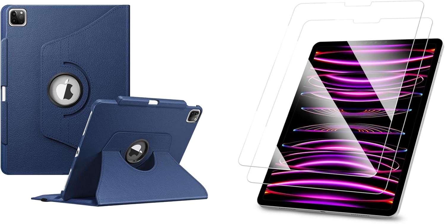 Fintie Bundle: Fintie Rotating Case for iPad Pro 12.9" 6th/5th/4th/3rd Gen - 360 Degree Swiveling Stand Protective Back Cover + [2-Pack] Tempered Glass Screen Protector