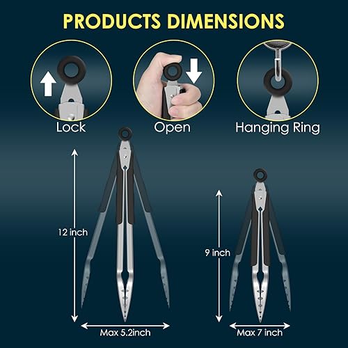 Miniatura 31 de Hotec Pinzas de cocina de acero inoxidable, juego de 3-7, 9 y 12 pulgadas, pinzas de metal con bloqueo para cocinar, servir, barbacoa, parrilla