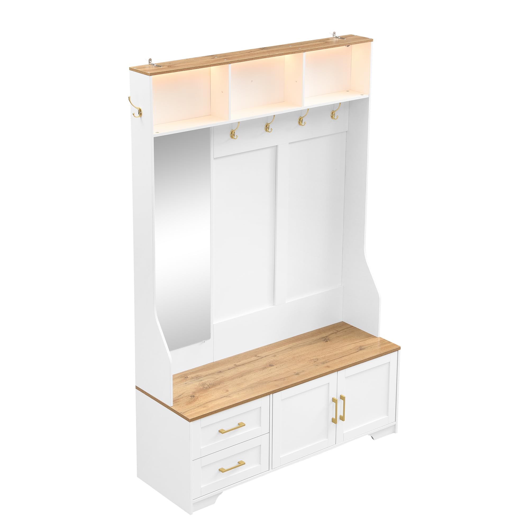 SACOOL Armadietto multifunzionale per corridoio e scarpiera con illuminazione a LED, specchi, ganci e cassetti, moderno armadio per ingresso e corridoio, con spazio di archiviazione e seduta.