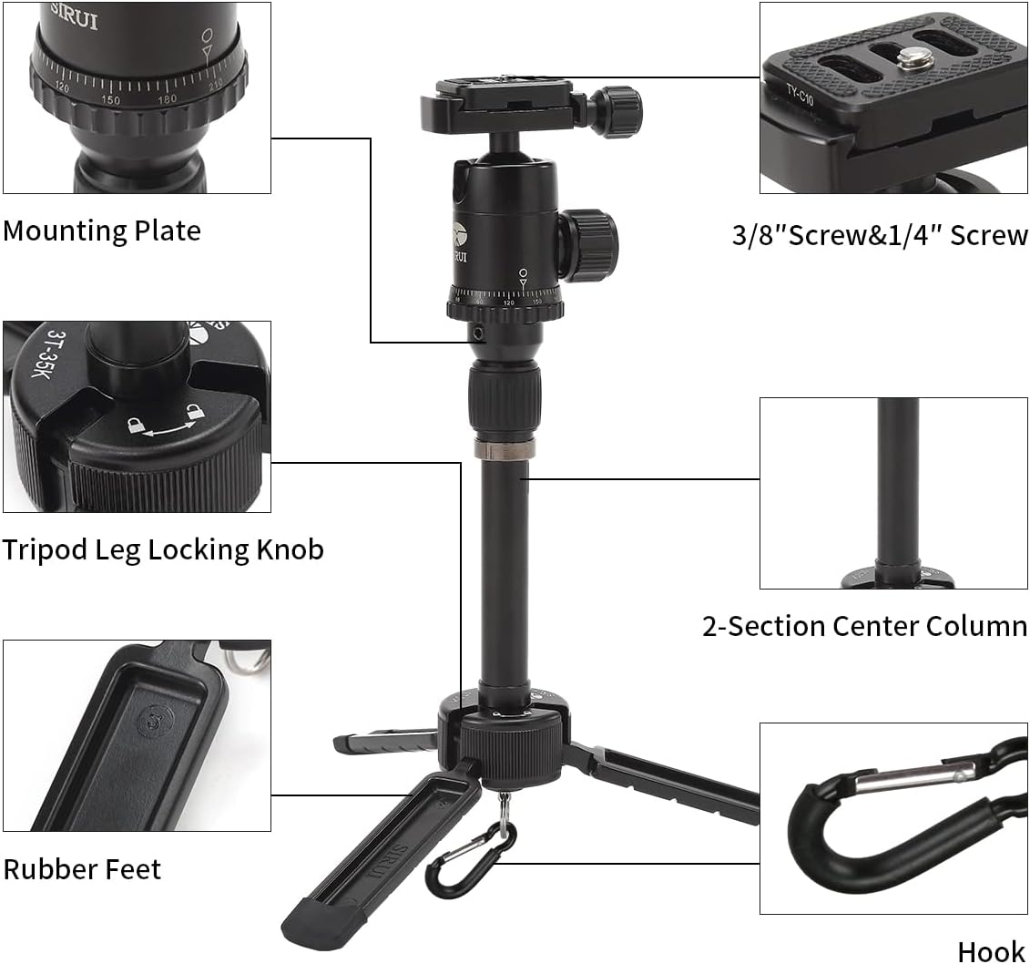 SIRUI 13.5 inch Mini Desktop Tripod with 360° Ball Head, Portable Handhold Aluminum Tripod for DSLR Camera, Video Camcorder, Max Load 4kg (AM-35K)