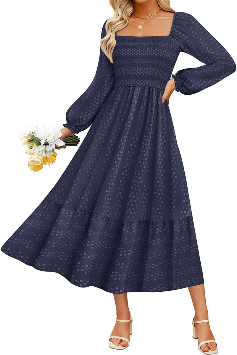RITERA Plus Size Fall Dresses for Curvy Women Maxi Wedding Guest Long Sleeve Smocked Swiss Dot Winter Dress Pockets XL-5XL