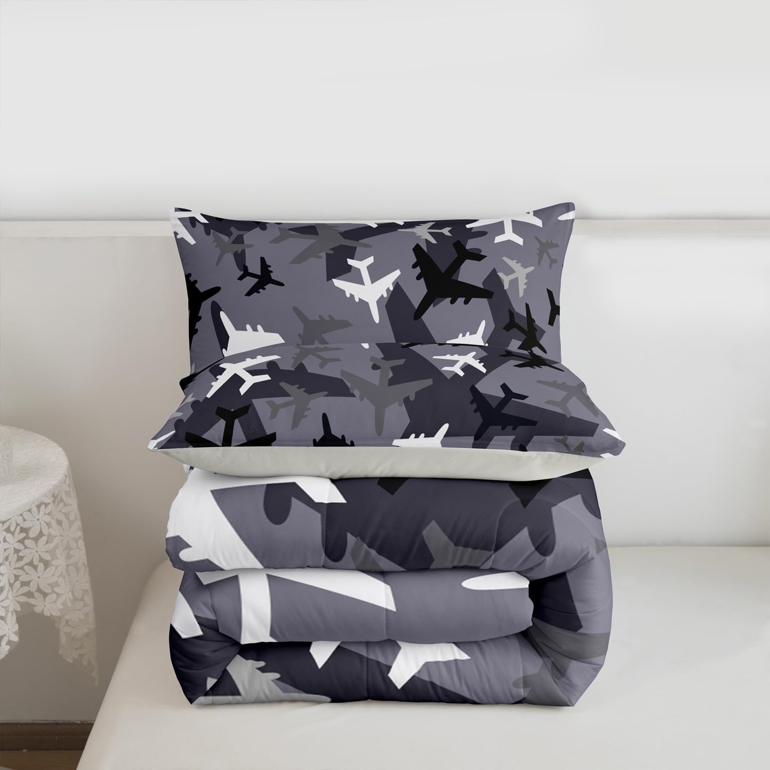 Black Grey White Camouflage Comforter Set Queen Size Kids Aircraft Bedding Set 3Pcs Boys Teens Men Room Decor Army Camo Airplane Quilt Set Cartoon Flying Theme Duvet Insert,2 Pillowcases