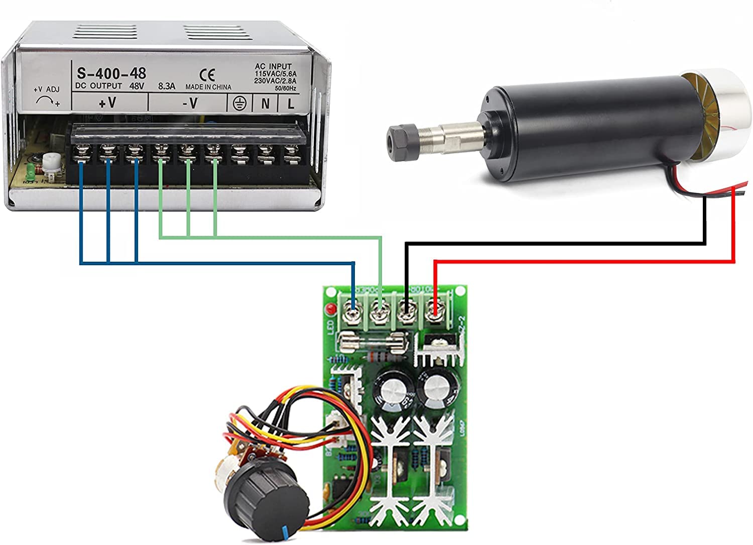 RATTMMOTOR Motore a mandrino, 500 W, motore a mandrino CNC, 52 mm, 48 VDC ER16, raffreddamento ad aria, 12000 giri/min, + 8 mm, pinza di serraggio ER16, per incisione/fresatrice CNC fai da te