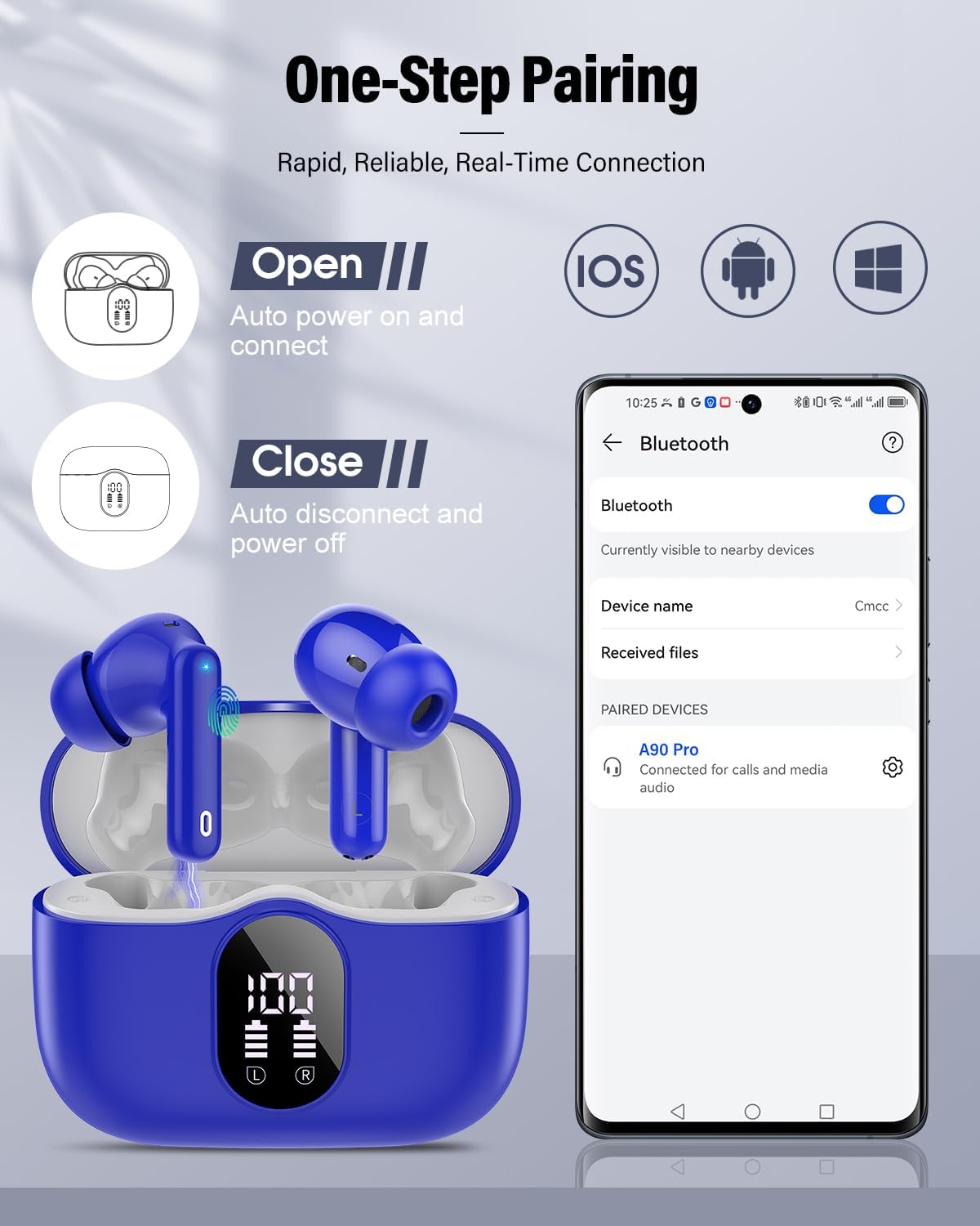 Cuffie Bluetooth, Auricolari Bluetooth 5.4 In Ear con 4 ENC Mics, Cuffie wireless HiFi Stereo con APP, 36Ore Cuffiette Bluetooth con Display LED, IP7 Impermeabili Auricolari Wireless per iOS & Android