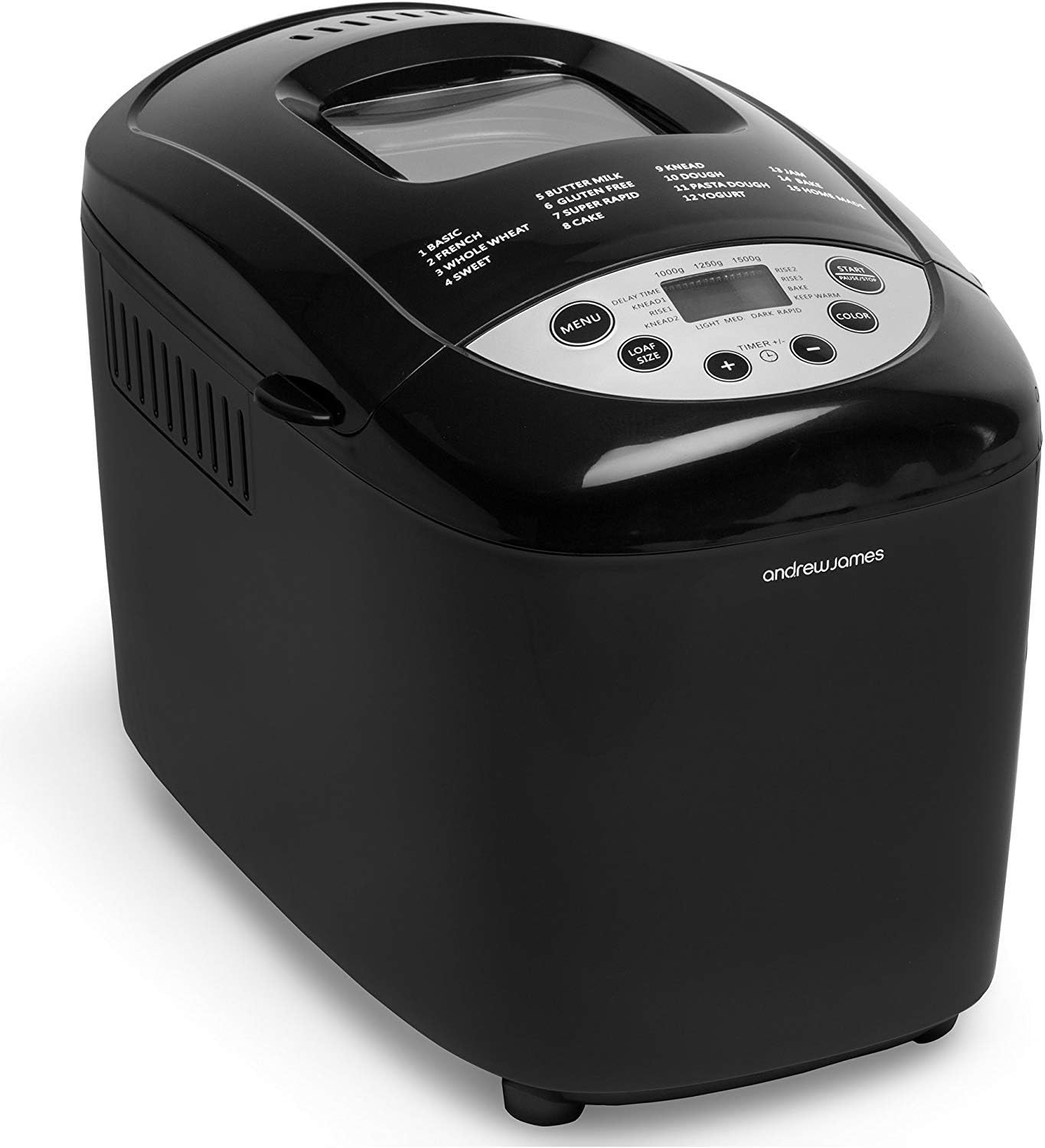 Andrew James Bread Maker with Recipes & Gluten Free Function | Double Paddle Automatic Machine with Delay Timer 60 Mins Keep Warm Dough Hook Measuring Cup & Spoon | 850W