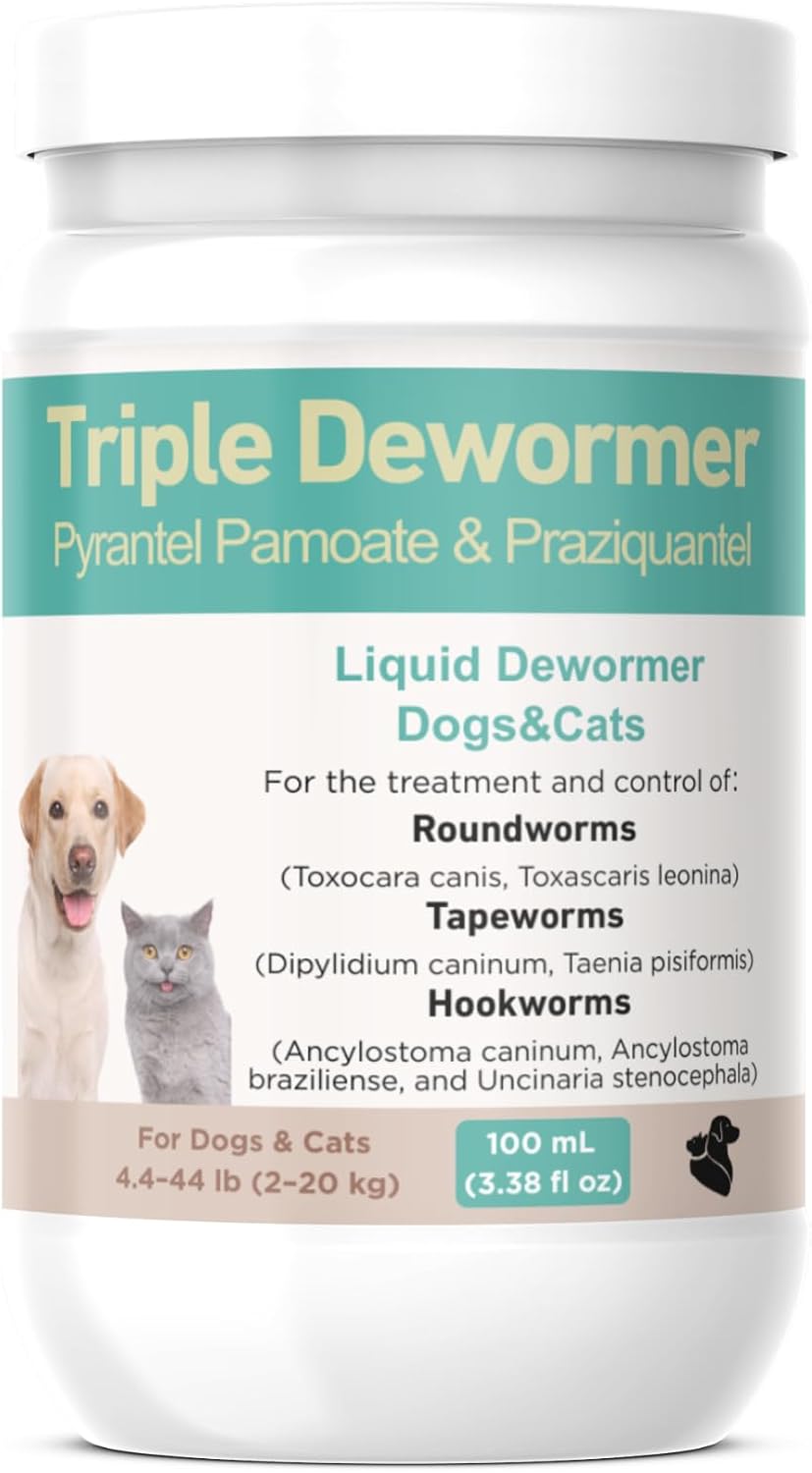 Dewormer Liquid for Cats and Dogs Broad Spectrum,Pyrantel Pamoate and Praziquantel Targets Tapeworm Roundworm and Hookworm Fast Acting Solution for Puppy Kitten Small Medium Large Breeds-3.38 fl oz