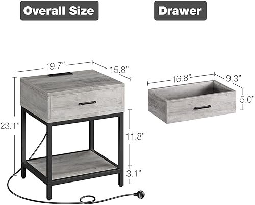 Vista 3 de Amyove Juego de 2 mesitas de noche grises con estación de carga, mesas auxiliares para sala de estar con cajón y estante, mesita de noche con puerto