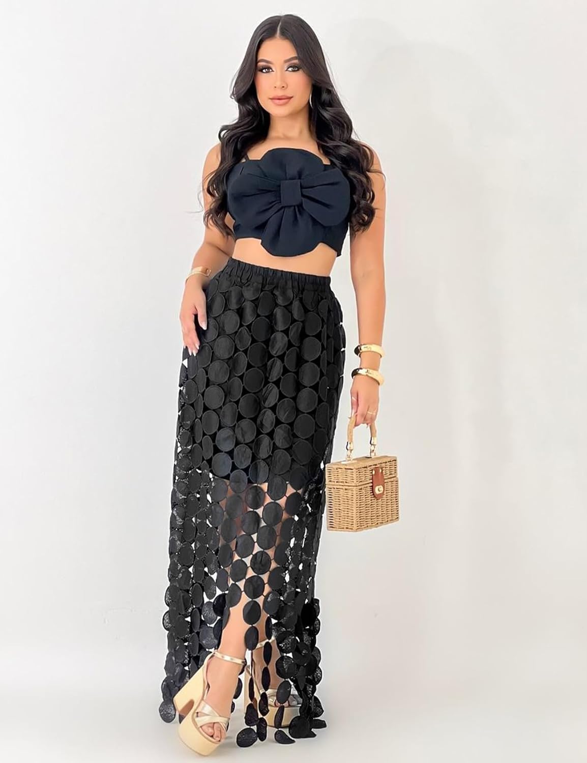 Flygo Womens Maxi Skirt 2025 Summer Boho Hollow Out Fringe Hem High Waisted Lace Long Skirts for Party Wedding Beach - Image 2