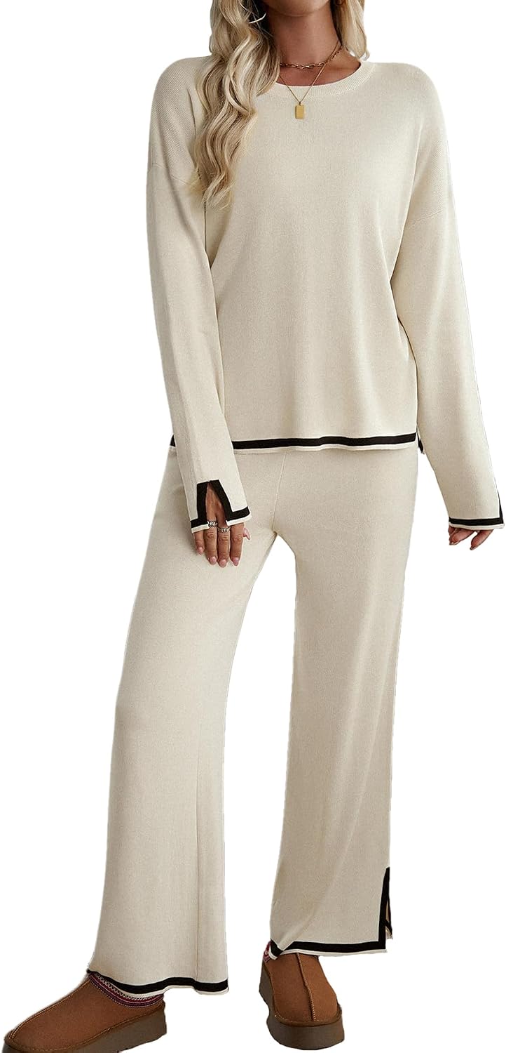 MessBebe Womens 2 Piece Sweatsuit Outfits Knit Sweater Top Wide Leg Pants Lounge Sets Tracksuits Set