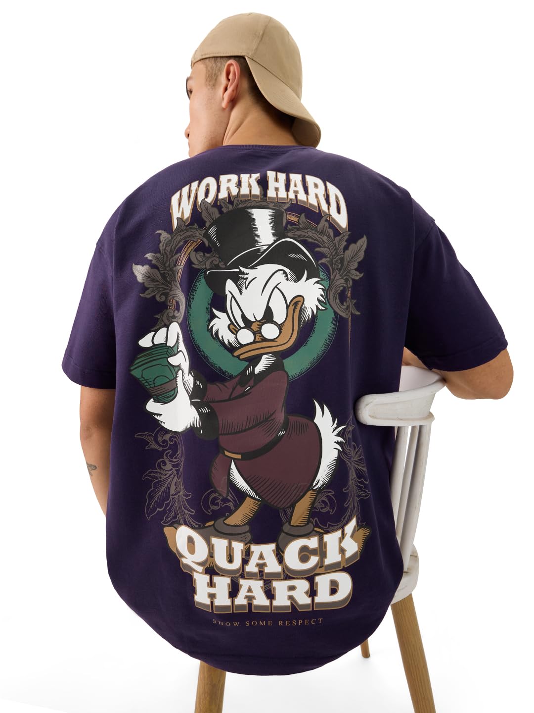 Official Disney: Quack Hard Men and Boys Short Sleeve Round Neck Purple Cotton Oversize T-Shirt-image-1