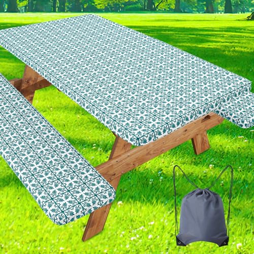 Image of misaya Picnic Table Cover with Bench Cover, Waterproof Elastic Fitted Tablecloth for 5 Foot Tables, Rectangle Washable Polyester Tablecloths for Picnic, Camping, Outdoor (Turquoise, 30 inch x 60 inch)