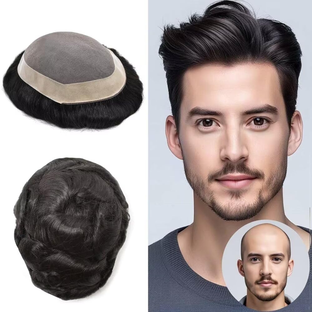 FACE MIRACLE Toupee for Men Human Hair Replacement System, Fine Mono Lace Center with NPU, 1/8" Folded Lace Front Natural Hairline Mens Hair Piece 1B# Natural black-110% Light to Medium Density 7 * 9