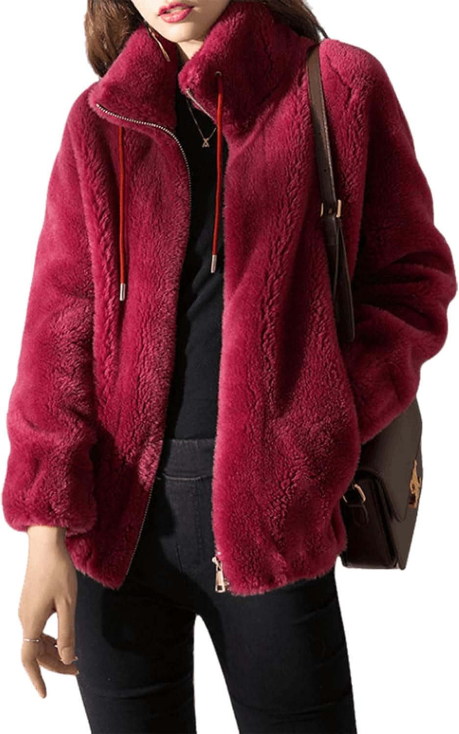HBER Fuzzy Fleece Jacket for Women Full Zip Long Sleeve Oversized Drawstring Coat Casual Faux Fleece Sweatshirt with Pockets