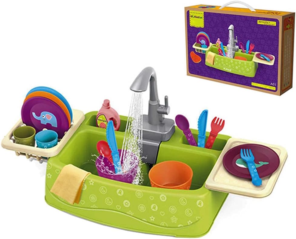 Children Sink Dishwashing Set, Running Water Pretend Play, 19 Pieces, Age 3+, Role Play Kitchen Toy Set with Working Faucet, Easy Storage