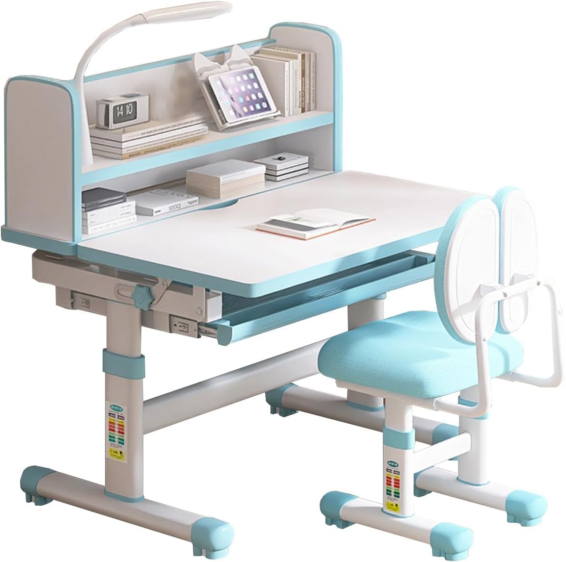 SMIXLVY Kids Study Table and Chair Set Blue Height Adjustable Child's School Study Writing Tables Kids Desk and Chair Set Adjustable Art Desk Girls for Bedroom with Large Writing Board and Drawer