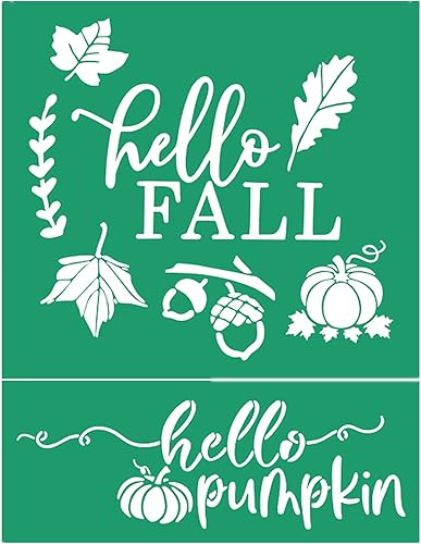 JAJADO Plantilla de pantalla de seda con texto en inglés "Hello Fall", plantillas adhesivas reutilizables de otoño, transferencia de malla de tiza