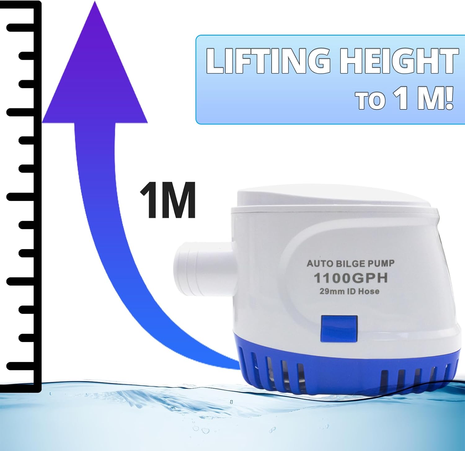 Automatic Boat Bilge Pump with Float Switch, 12V, 1100GPH Low Noise - High Efficiency Automatic Bilge Pumps for Boats, Reliable Marine Grade Pump, Easy to Install & Durable