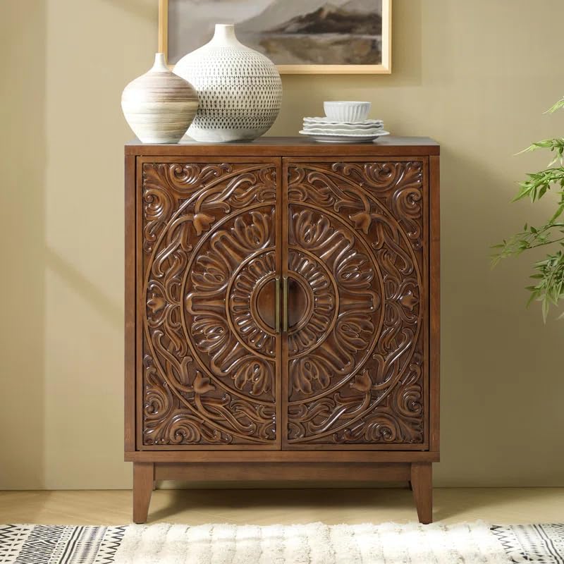 Hand-Carved Wooden Sideboard Cabinet with Floral and Geometric Designs - 30" x 36" x 15" (Brwon)