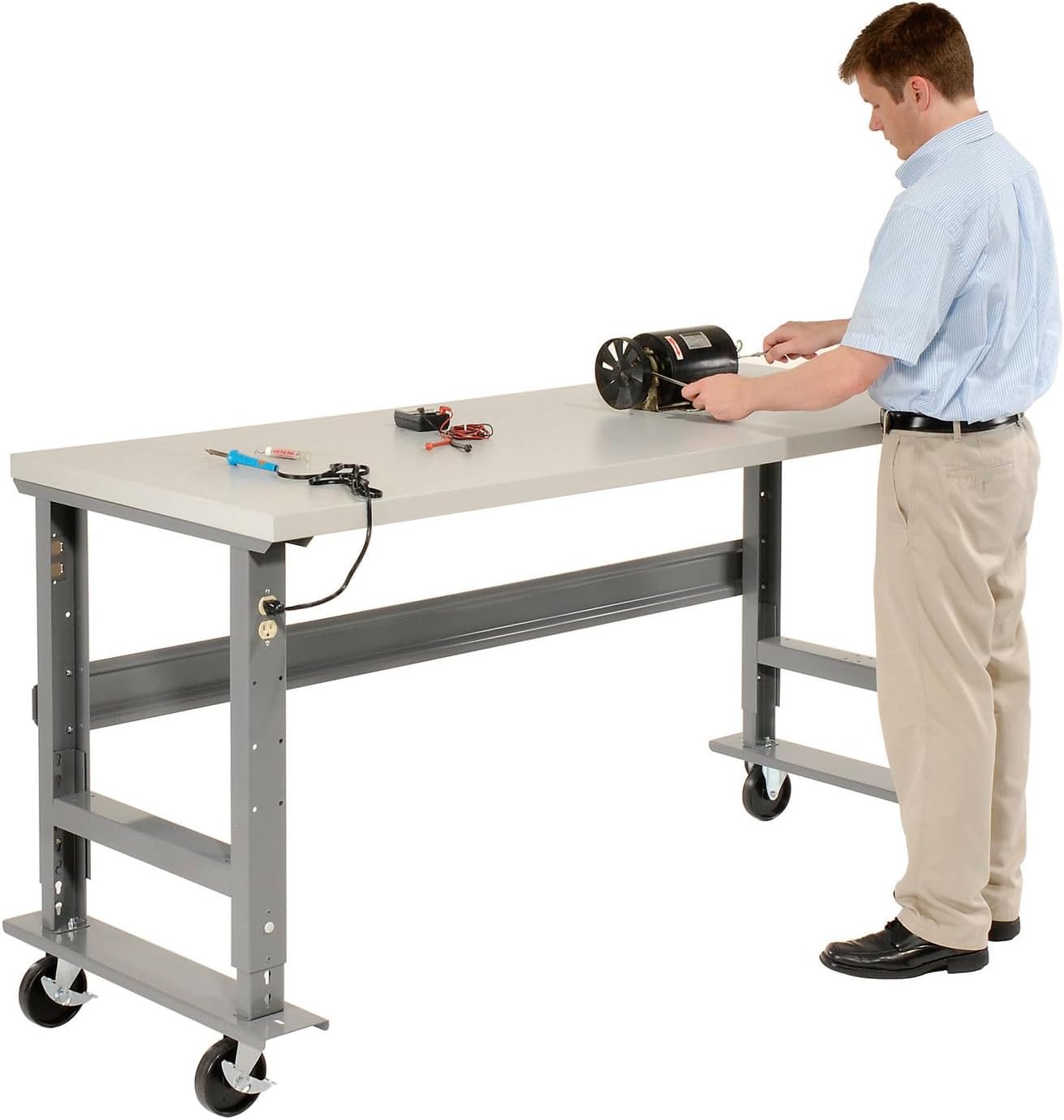 Global Industrial Adjustable Height Mobile Workbench, 800 Lbs Capacity, 1-5/8" Plastic Laminate Top with Square Edge, 72" W x 36" D, Gray Frame, Industrial Workbench