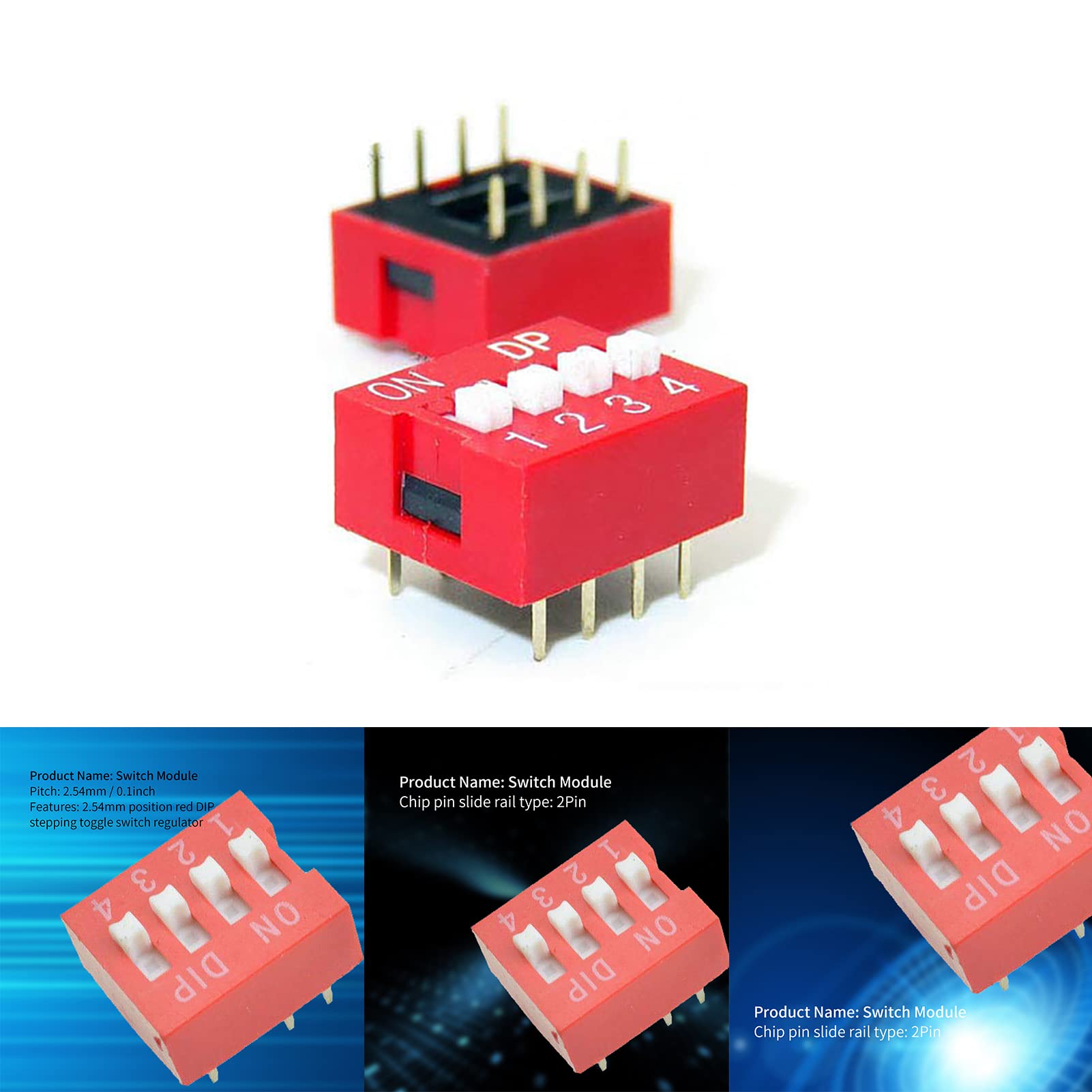 50 Interruttori DIP A Scorrimento 4 Vie - 2.54 Mm, 2 Pin, Colore Rosso, Per Circuiti Stampati E Elettronica