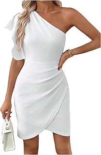 SweatyRocks Women's Elegant One Shoulder Cocktail Dress Ruffle Sleeve Wrap Bodycon Classy Party Dresses