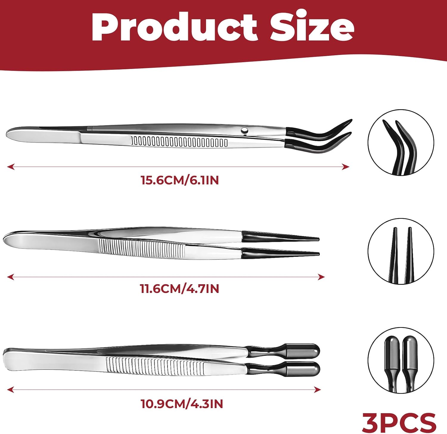 3 Piece Tweezers with Rubber Tips Set, Stainless Steel Rubber Tipped Tweezers Bent Flat and Pointed Precision Tweezer for Jewelry Crafts Electronics and Lab Use Black