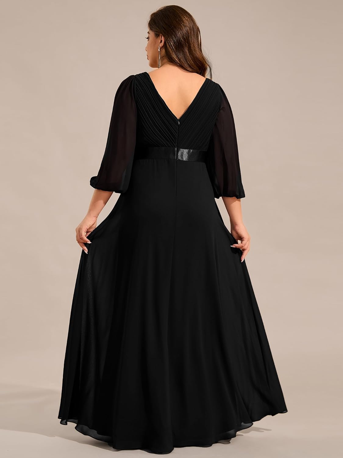 Ever-Pretty Plus Women's V Neck 3/4 Sleeves A Line Chiffon Pleated Plus Size Evening Gowns Floor Length Formal Dresses - Image 2