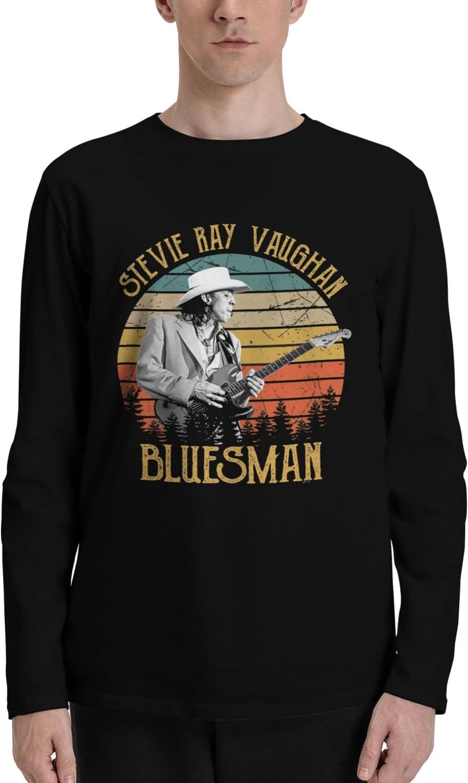 RealycoolStevie Ray Music Vaughan Long Sleeve T Shirt Mens Casual Cotton Tee Classic Round Neckline T-Shirts