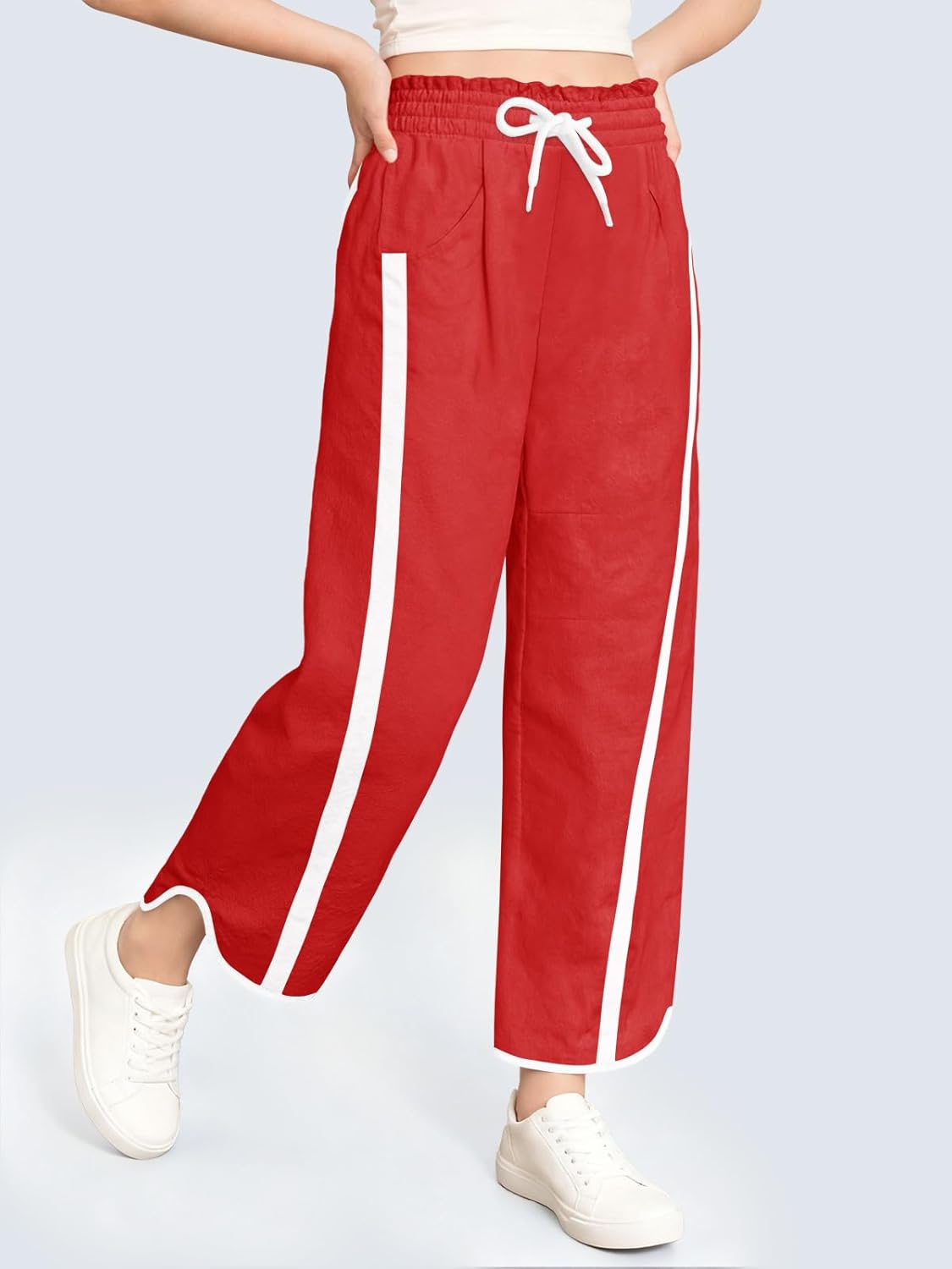 Haloumoning Girls Baggy Wide Leg Pants Kids Striped Elastic Waist Parachute Track Pants with Pockets 5-14 Years - Image 3