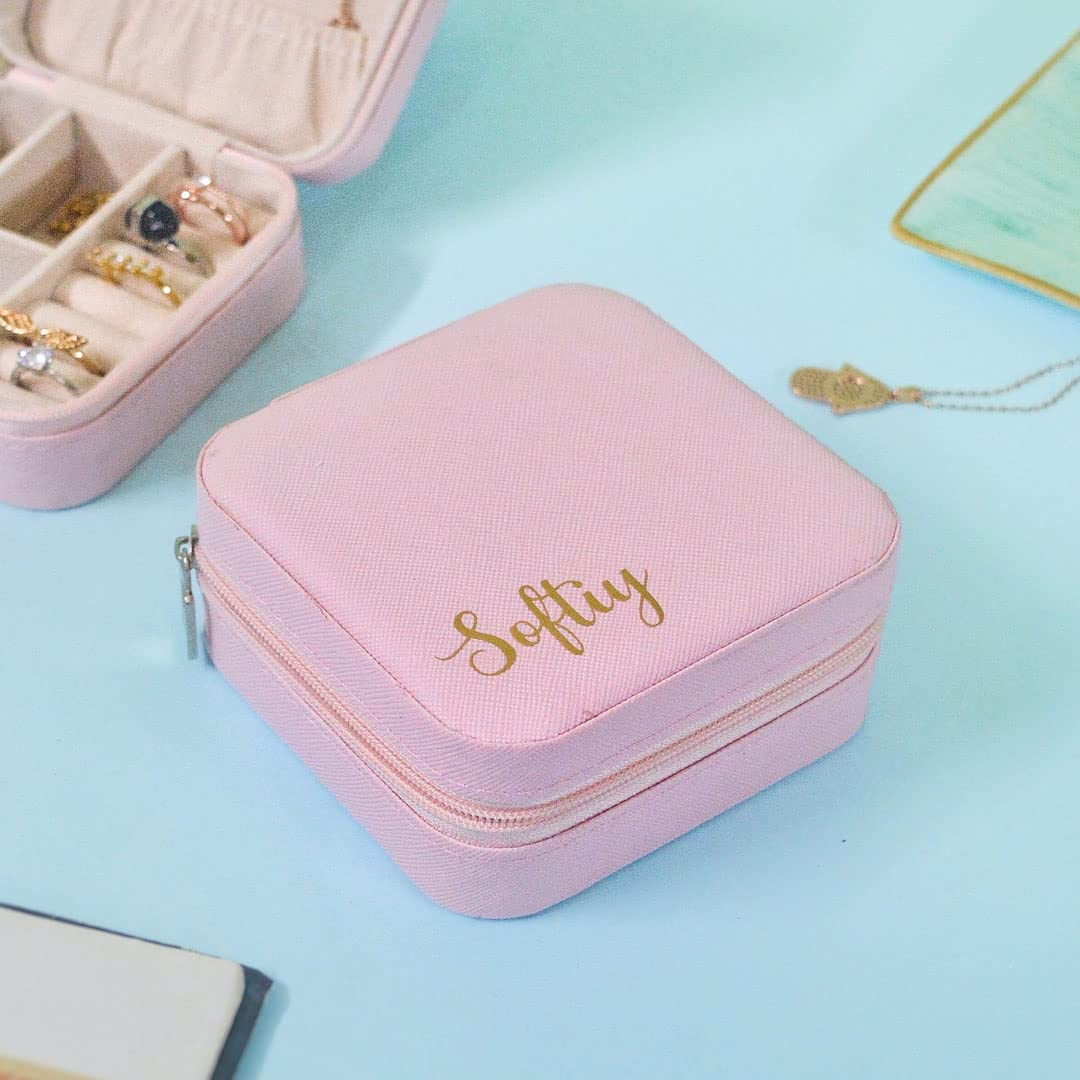 The Bling Stores Customised jewellery box with name Personalised/Customized jewelry Organiser Box, jewelry Box For Women, Small jewelry Box Organiser, rakhi gift for sister (Pink, Faux Leather)